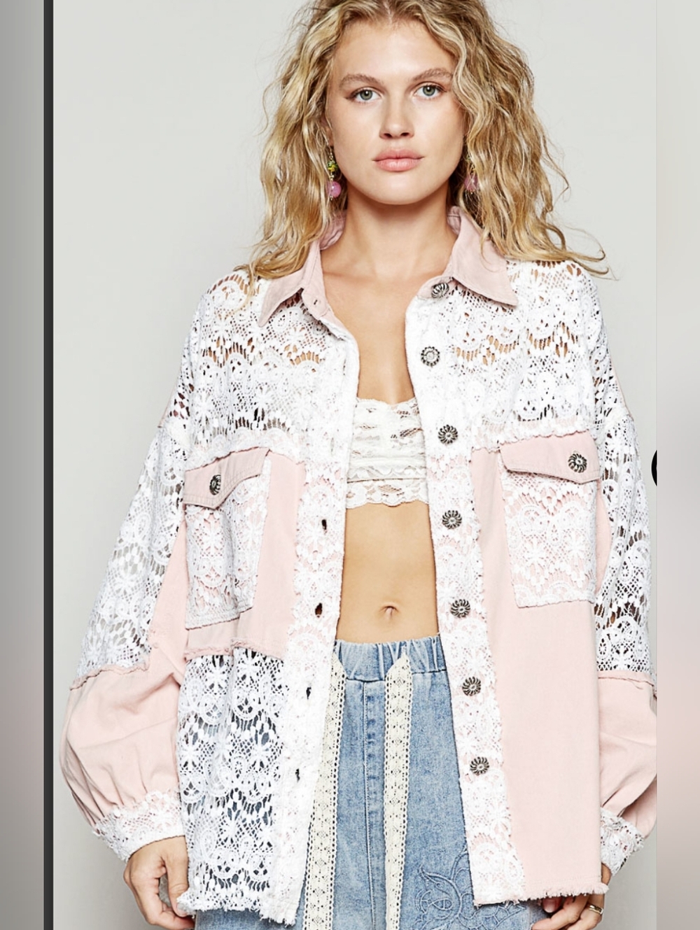 POL Pink Lace-Panel Girls' Button-Front Denim Jacket  Shirt